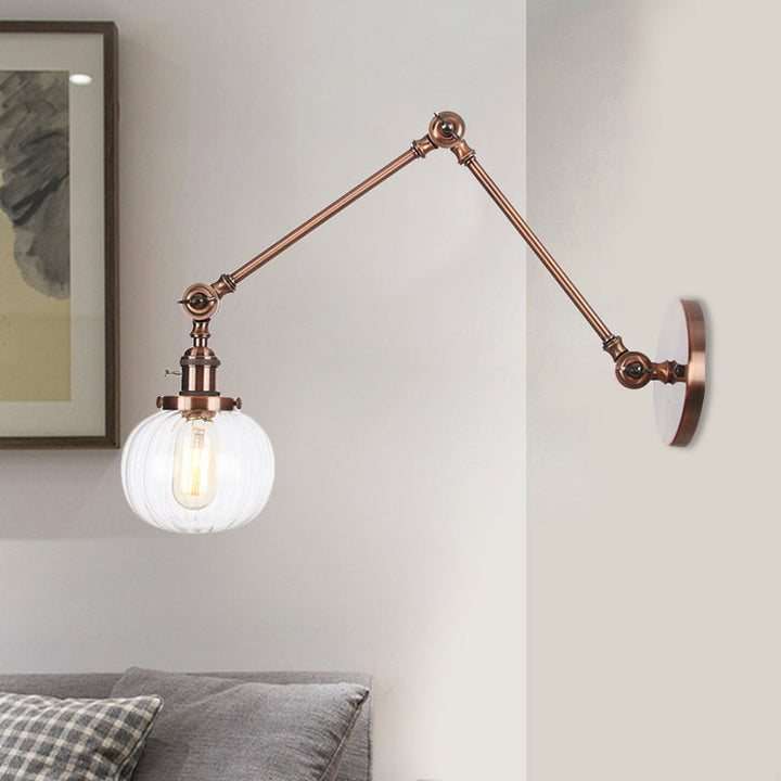 Lisslune | Globe Clear/Amber Glass Wall Mounted Lighting Vintage 1 Light Indoor Sconces in Brass/Chrome/Black with Adjustable Arm, 8"+8"/8"+8"+8" L