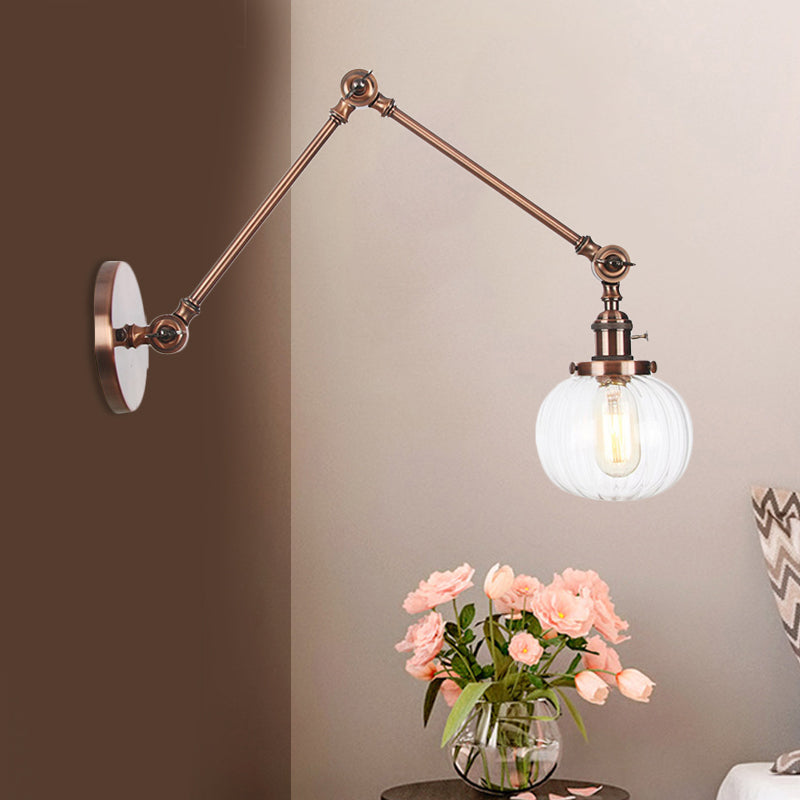 Lisslune | Globe Clear/Amber Glass Wall Mounted Lighting Vintage 1 Light Indoor Sconces in Brass/Chrome/Black with Adjustable Arm, 8"+8"/8"+8"+8" L