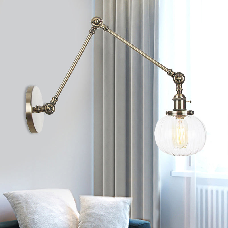 Lisslune | Globe Clear/Amber Glass Wall Mounted Lighting Vintage 1 Light Indoor Sconces in Brass/Chrome/Black with Adjustable Arm, 8"+8"/8"+8"+8" L