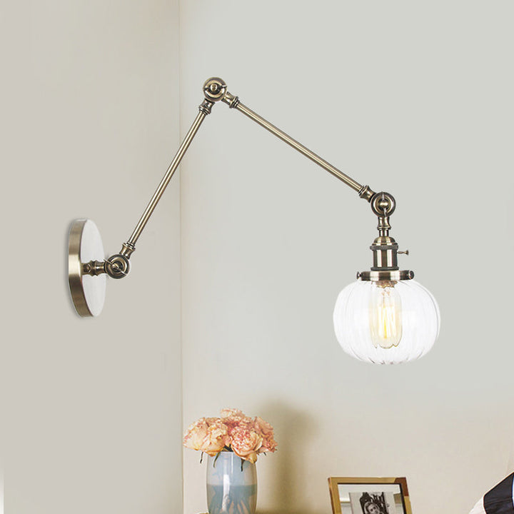 Lisslune | Globe Clear/Amber Glass Wall Mounted Lighting Vintage 1 Light Indoor Sconces in Brass/Chrome/Black with Adjustable Arm, 8"+8"/8"+8"+8" L