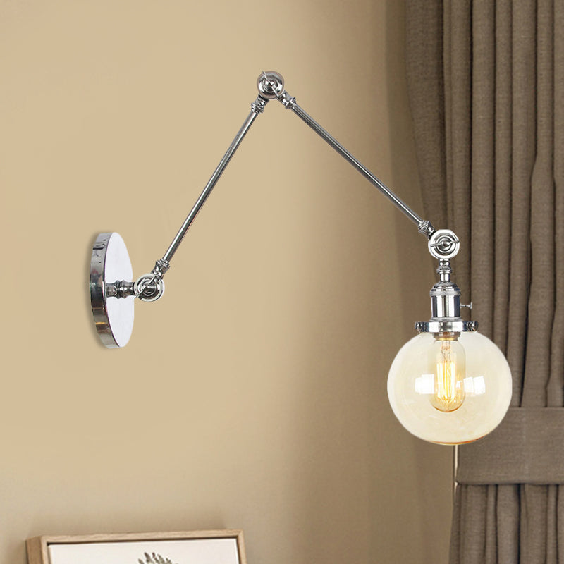 Skørter | 1 Light Clear/Amber Glass Wall Mounted Light Vintage Chrome/Copper/Bronze Ball Living Room Wall Lamp with Adjustable Arm, 8"+8"/8"+8"+8" L