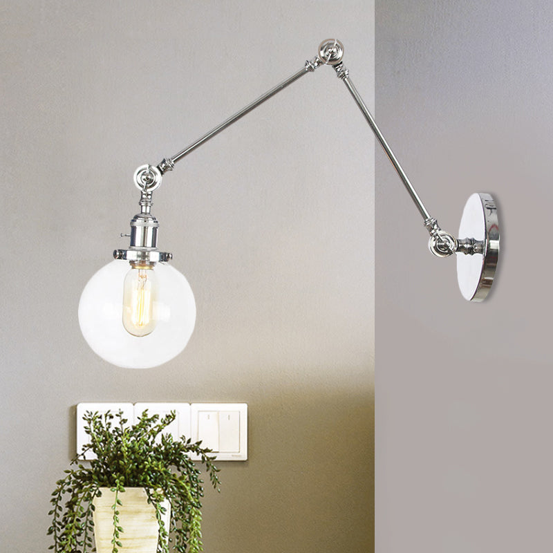 Skørter | 1 Light Clear/Amber Glass Wall Mounted Light Vintage Chrome/Copper/Bronze Ball Living Room Wall Lamp with Adjustable Arm, 8"+8"/8"+8"+8" L