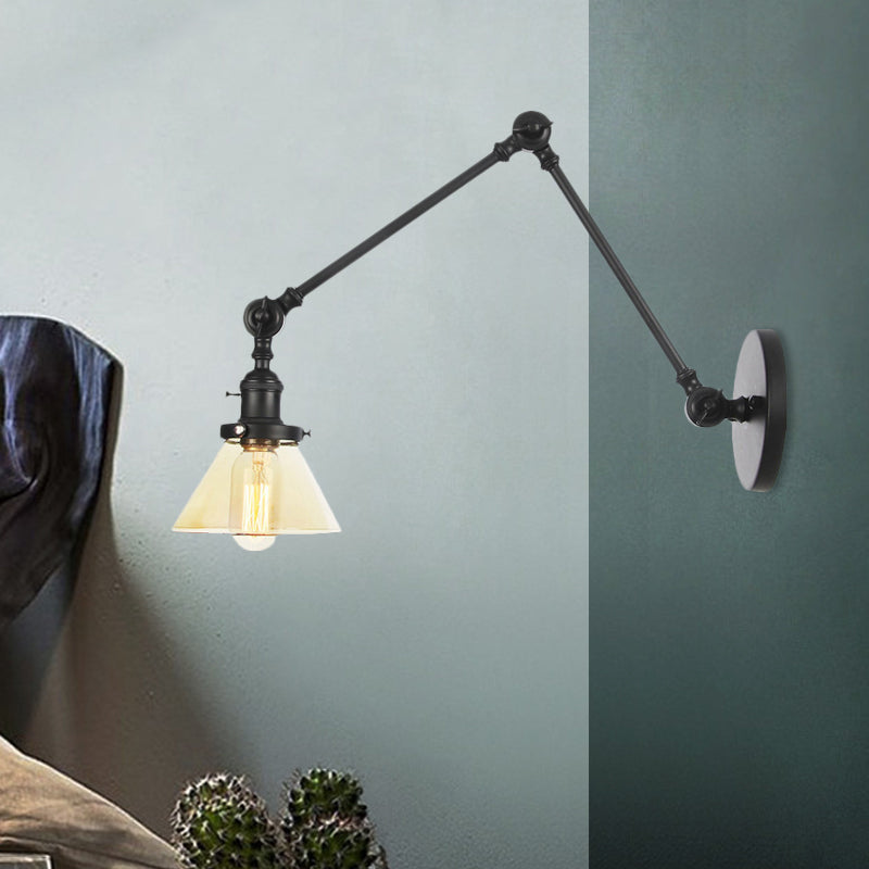 Lisslune | 1 Light Wall Lamp Industrial Cone Clear/Amber Glass Wall Lamp in Black/Bronze/Brass with Adjustable Arm, 8“+8"/8"+8"+8" Long