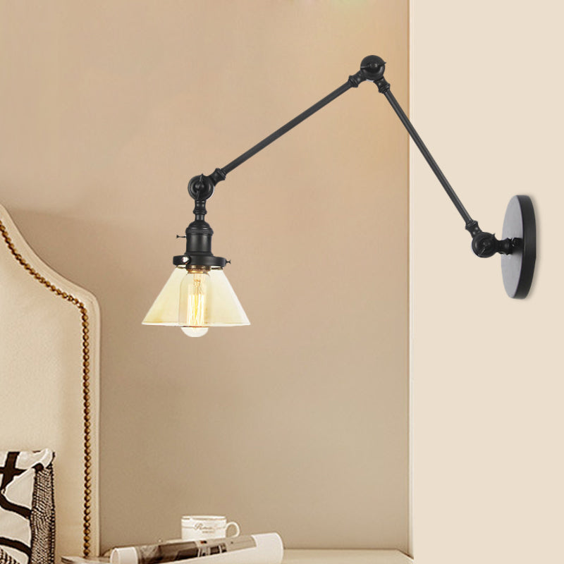 Lisslune | 1 Light Wall Lamp Industrial Cone Clear/Amber Glass Wall Lamp in Black/Bronze/Brass with Adjustable Arm, 8“+8"/8"+8"+8" Long