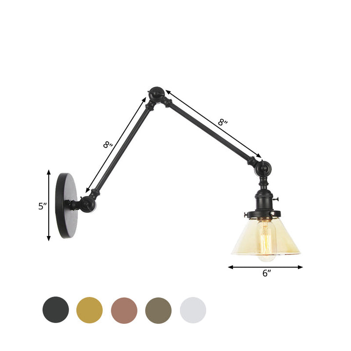 Lisslune | 1 Light Wall Lamp Industrial Cone Clear/Amber Glass Wall Lamp in Black/Bronze/Brass with Adjustable Arm, 8“+8"/8"+8"+8" Long