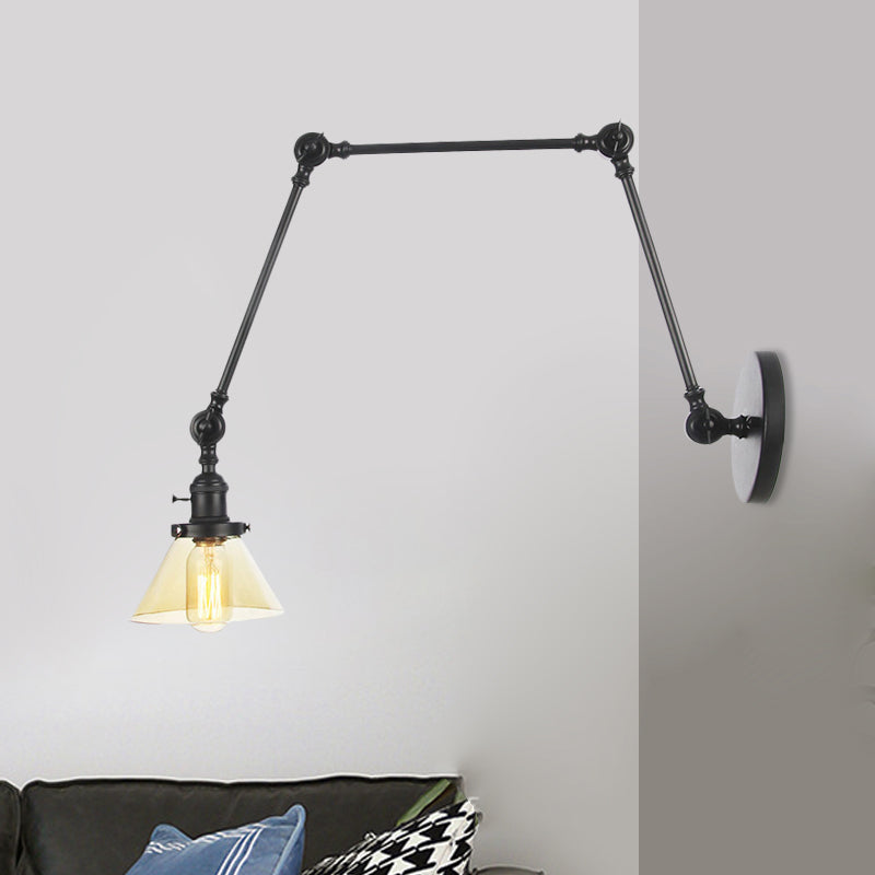 Lisslune | 1 Light Wall Lamp Industrial Cone Clear/Amber Glass Wall Lamp in Black/Bronze/Brass with Adjustable Arm, 8“+8"/8"+8"+8" Long