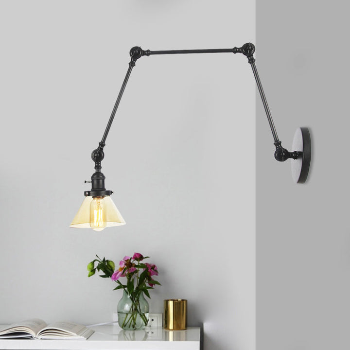 Lisslune | 1 Light Wall Lamp Industrial Cone Clear/Amber Glass Wall Lamp in Black/Bronze/Brass with Adjustable Arm, 8“+8"/8"+8"+8" Long