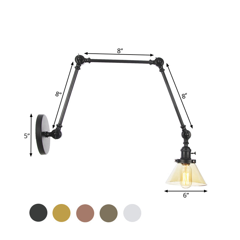 Lisslune | 1 Light Wall Lamp Industrial Cone Clear/Amber Glass Wall Lamp in Black/Bronze/Brass with Adjustable Arm, 8“+8"/8"+8"+8" Long