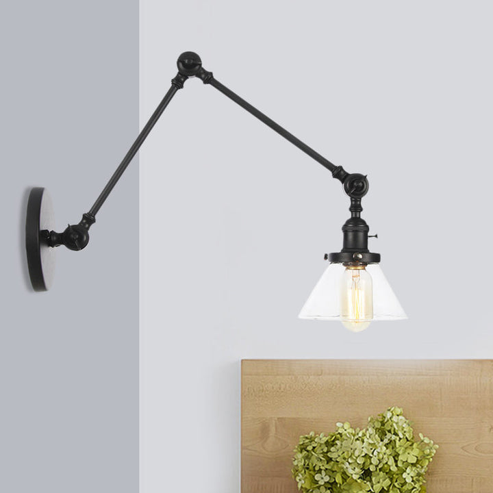 Lisslune | 1 Light Wall Lamp Industrial Cone Clear/Amber Glass Wall Lamp in Black/Bronze/Brass with Adjustable Arm, 8“+8"/8"+8"+8" Long