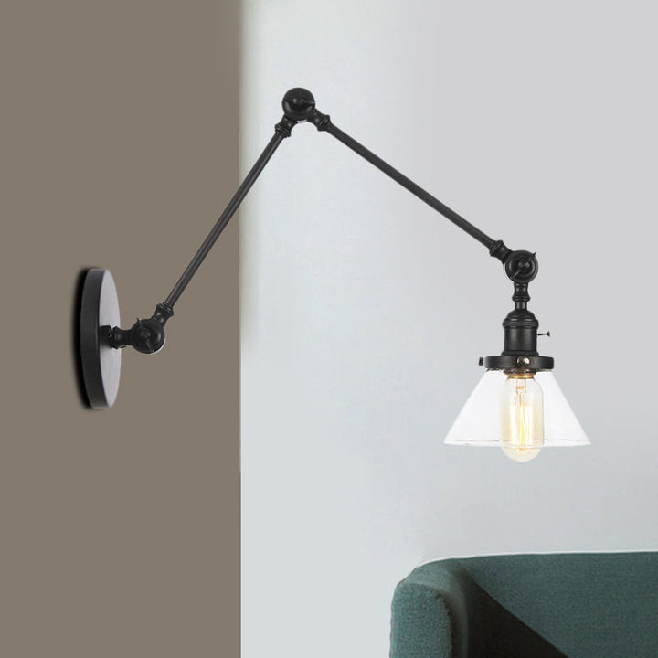 Lisslune | 1 Light Wall Lamp Industrial Cone Clear/Amber Glass Wall Lamp in Black/Bronze/Brass with Adjustable Arm, 8“+8"/8"+8"+8" Long
