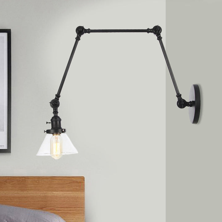 Lisslune | 1 Light Wall Lamp Industrial Cone Clear/Amber Glass Wall Lamp in Black/Bronze/Brass with Adjustable Arm, 8“+8"/8"+8"+8" Long