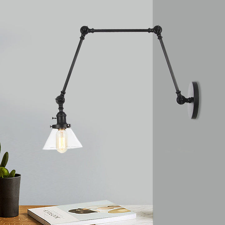 Lisslune | 1 Light Wall Lamp Industrial Cone Clear/Amber Glass Wall Lamp in Black/Bronze/Brass with Adjustable Arm, 8“+8"/8"+8"+8" Long
