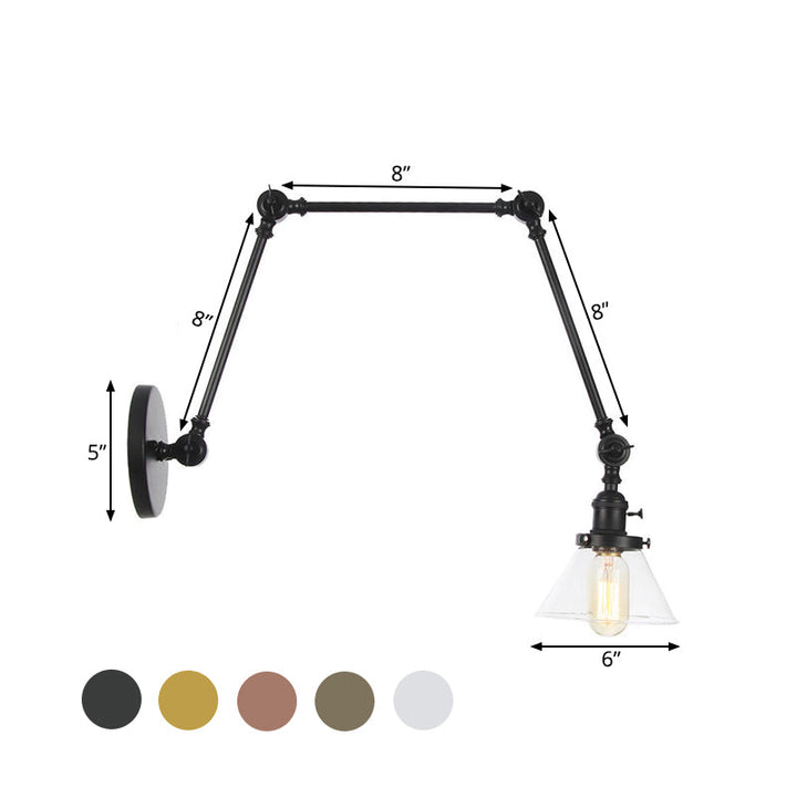 Lisslune | 1 Light Wall Lamp Industrial Cone Clear/Amber Glass Wall Lamp in Black/Bronze/Brass with Adjustable Arm, 8“+8"/8"+8"+8" Long