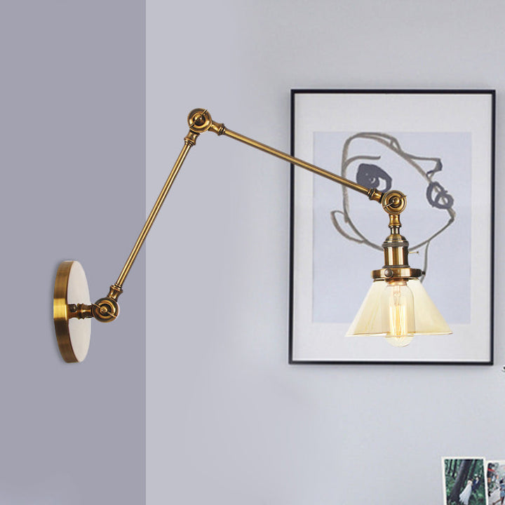 Lisslune | 1 Light Wall Lamp Industrial Cone Clear/Amber Glass Wall Lamp in Black/Bronze/Brass with Adjustable Arm, 8“+8"/8"+8"+8" Long