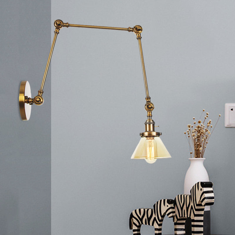 Lisslune | 1 Light Wall Lamp Industrial Cone Clear/Amber Glass Wall Lamp in Black/Bronze/Brass with Adjustable Arm, 8“+8"/8"+8"+8" Long