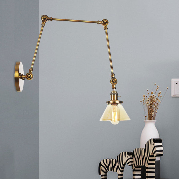 Lisslune | 1 Light Wall Lamp Industrial Cone Clear/Amber Glass Wall Lamp in Black/Bronze/Brass with Adjustable Arm, 8“+8"/8"+8"+8" Long