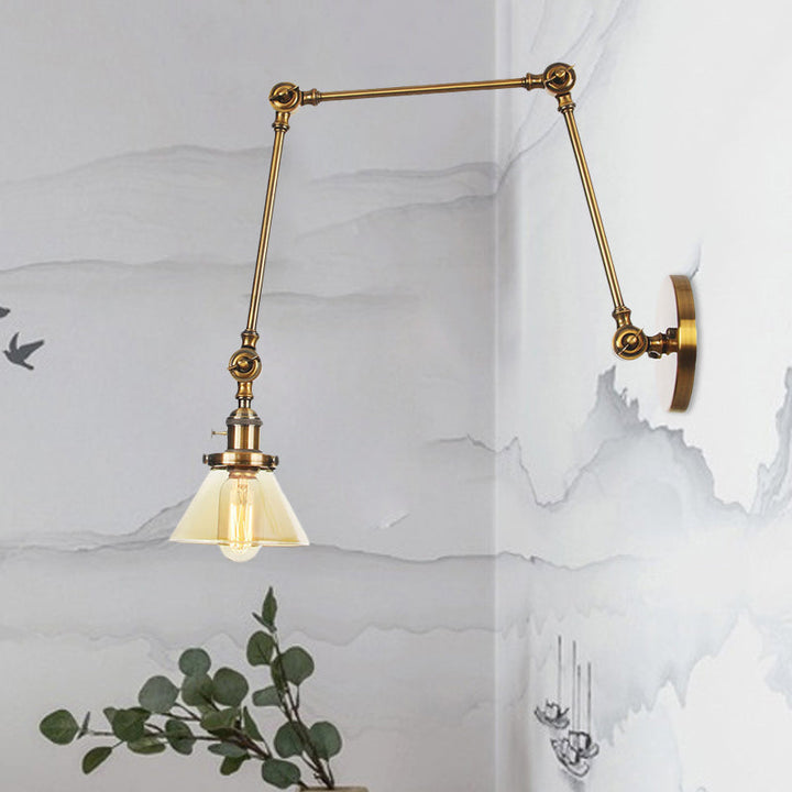 Lisslune | 1 Light Wall Lamp Industrial Cone Clear/Amber Glass Wall Lamp in Black/Bronze/Brass with Adjustable Arm, 8“+8"/8"+8"+8" Long