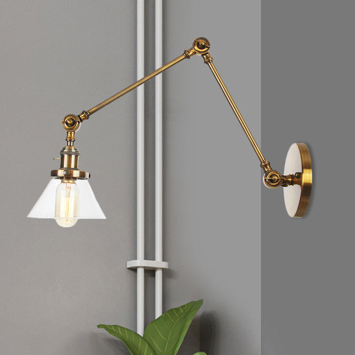 Lisslune | 1 Light Wall Lamp Industrial Cone Clear/Amber Glass Wall Lamp in Black/Bronze/Brass with Adjustable Arm, 8“+8"/8"+8"+8" Long