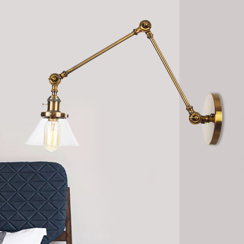 Lisslune | 1 Light Wall Lamp Industrial Cone Clear/Amber Glass Wall Lamp in Black/Bronze/Brass with Adjustable Arm, 8“+8"/8"+8"+8" Long