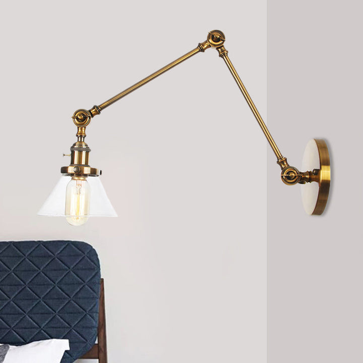 Lisslune | 1 Light Wall Lamp Industrial Cone Clear/Amber Glass Wall Lamp in Black/Bronze/Brass with Adjustable Arm, 8“+8"/8"+8"+8" Long