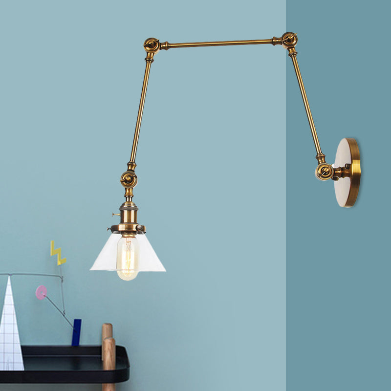 Lisslune | 1 Light Wall Lamp Industrial Cone Clear/Amber Glass Wall Lamp in Black/Bronze/Brass with Adjustable Arm, 8“+8"/8"+8"+8" Long