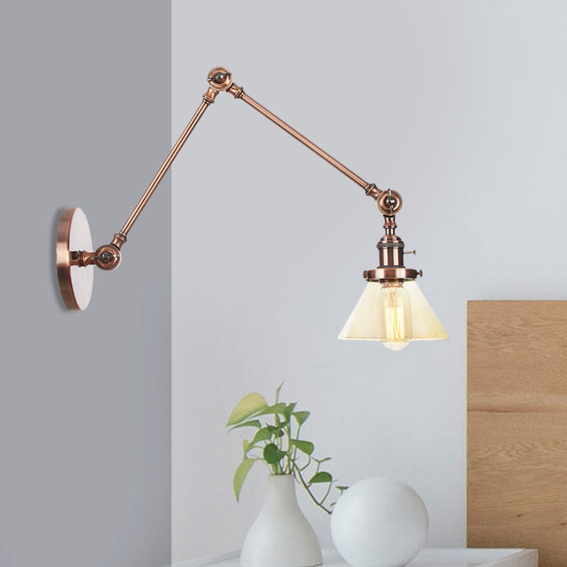 Lisslune | 1 Light Wall Lamp Industrial Cone Clear/Amber Glass Wall Lamp in Black/Bronze/Brass with Adjustable Arm, 8“+8"/8"+8"+8" Long