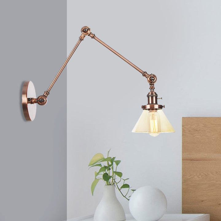 Lisslune | 1 Light Wall Lamp Industrial Cone Clear/Amber Glass Wall Lamp in Black/Bronze/Brass with Adjustable Arm, 8“+8"/8"+8"+8" Long