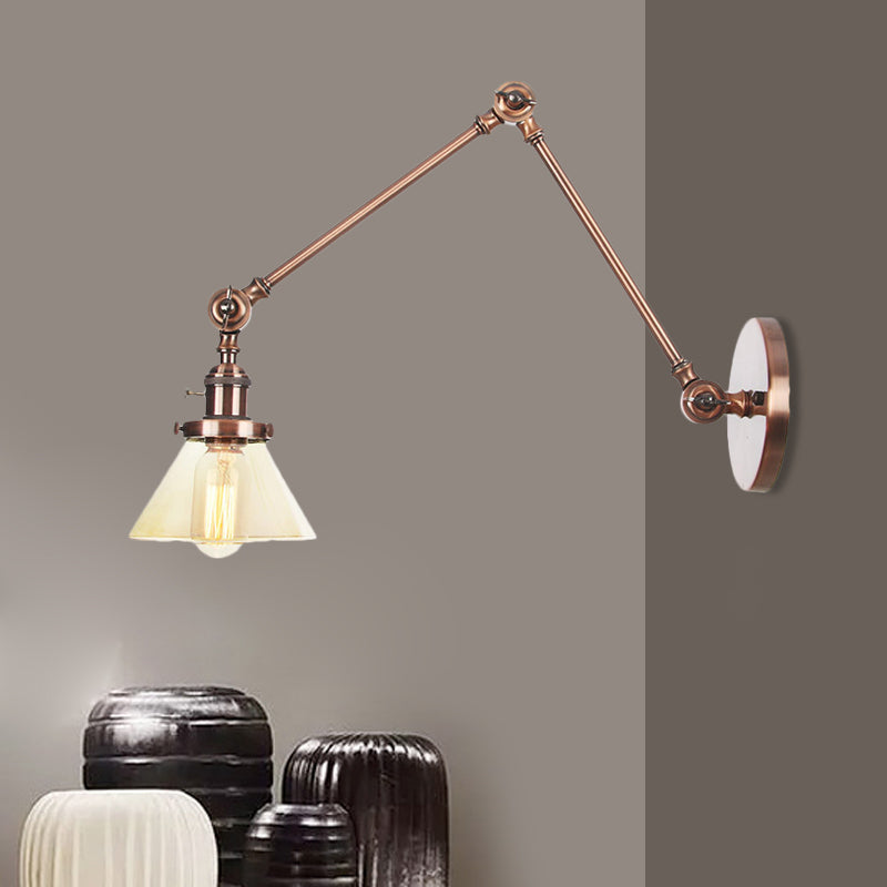 Lisslune | 1 Light Wall Lamp Industrial Cone Clear/Amber Glass Wall Lamp in Black/Bronze/Brass with Adjustable Arm, 8“+8"/8"+8"+8" Long