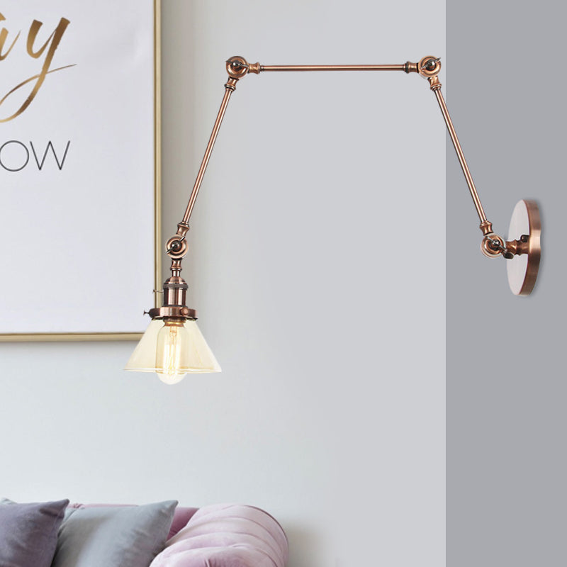 Lisslune | 1 Light Wall Lamp Industrial Cone Clear/Amber Glass Wall Lamp in Black/Bronze/Brass with Adjustable Arm, 8“+8"/8"+8"+8" Long