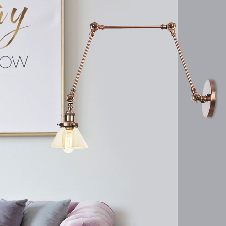 Lisslune | 1 Light Wall Lamp Industrial Cone Clear/Amber Glass Wall Lamp in Black/Bronze/Brass with Adjustable Arm, 8“+8"/8"+8"+8" Long