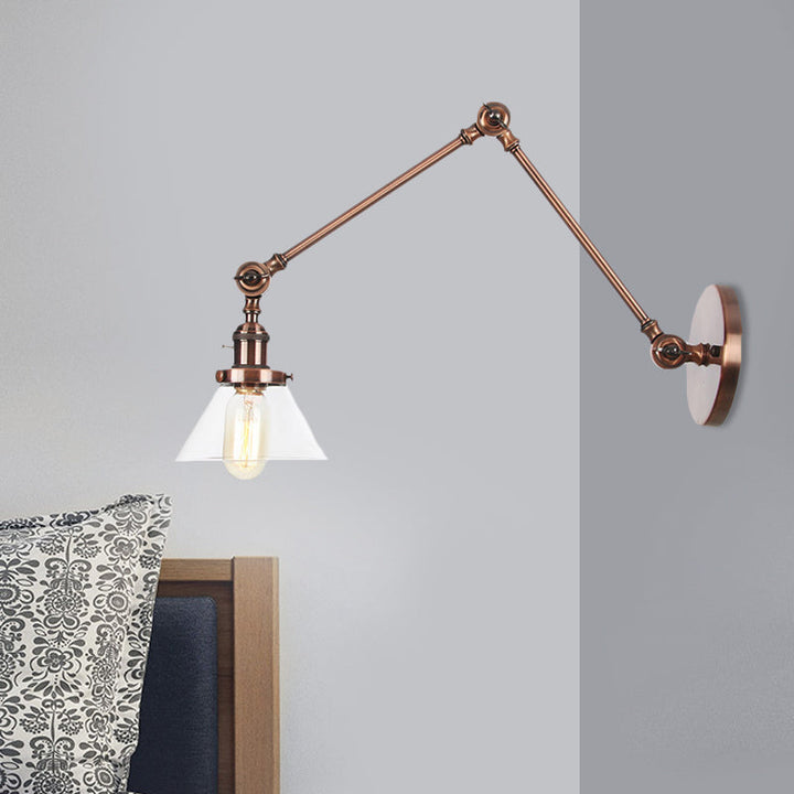 Lisslune | 1 Light Wall Lamp Industrial Cone Clear/Amber Glass Wall Lamp in Black/Bronze/Brass with Adjustable Arm, 8“+8"/8"+8"+8" Long