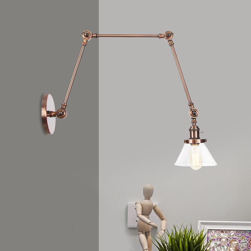 Lisslune | 1 Light Wall Lamp Industrial Cone Clear/Amber Glass Wall Lamp in Black/Bronze/Brass with Adjustable Arm, 8“+8"/8"+8"+8" Long