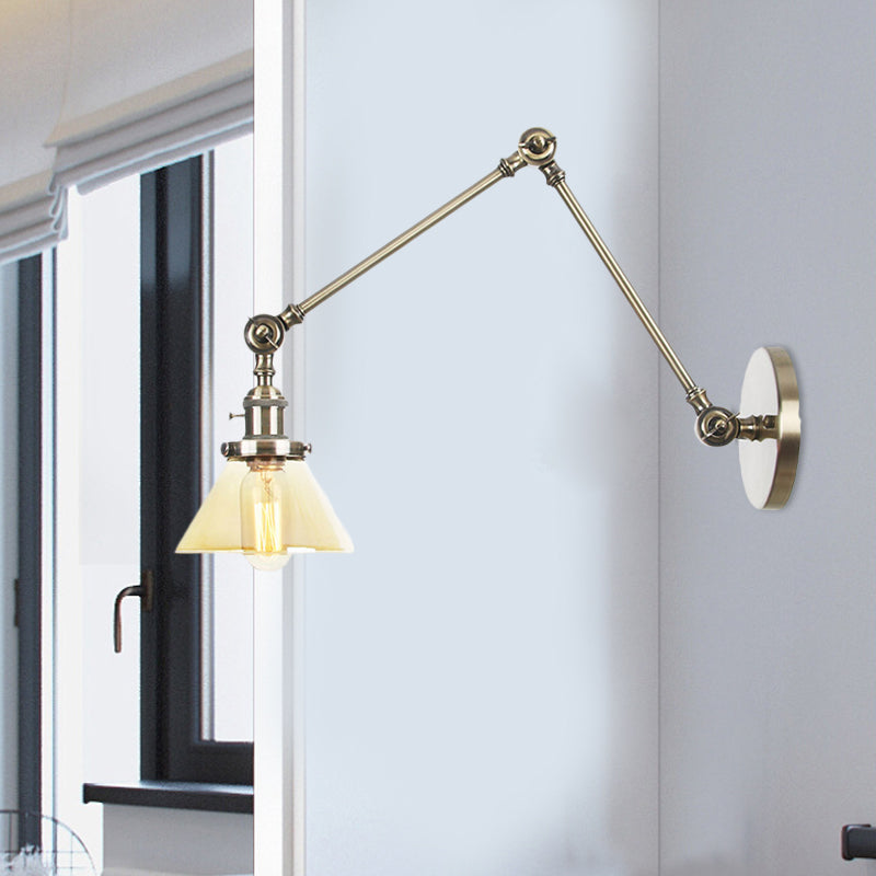 Lisslune | 1 Light Wall Lamp Industrial Cone Clear/Amber Glass Wall Lamp in Black/Bronze/Brass with Adjustable Arm, 8“+8"/8"+8"+8" Long
