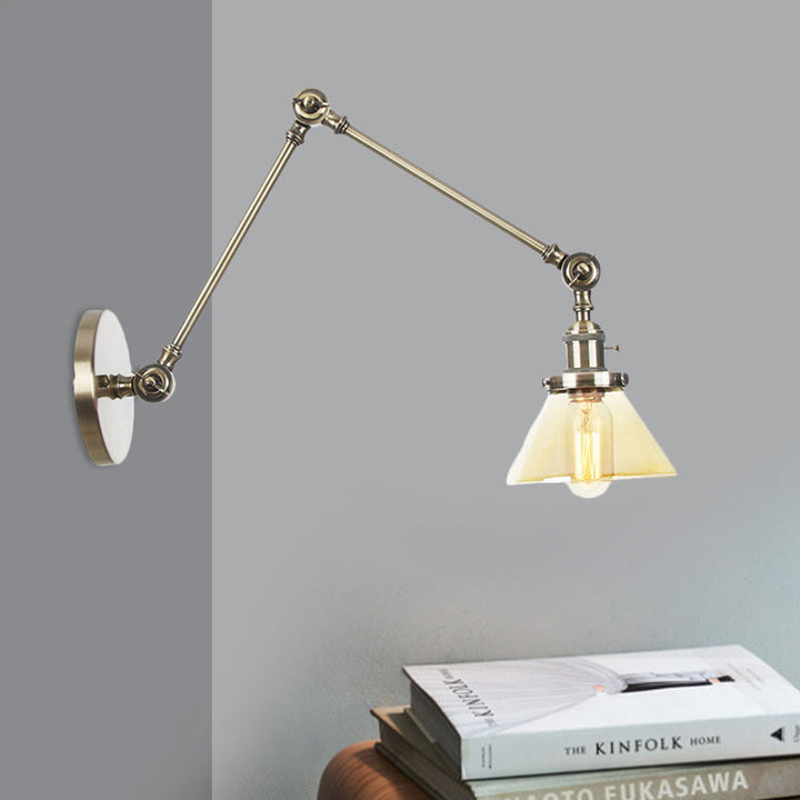 Lisslune | 1 Light Wall Lamp Industrial Cone Clear/Amber Glass Wall Lamp in Black/Bronze/Brass with Adjustable Arm, 8“+8"/8"+8"+8" Long