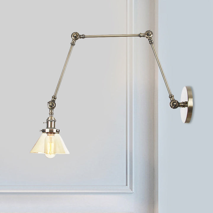 Lisslune | 1 Light Wall Lamp Industrial Cone Clear/Amber Glass Wall Lamp in Black/Bronze/Brass with Adjustable Arm, 8“+8"/8"+8"+8" Long