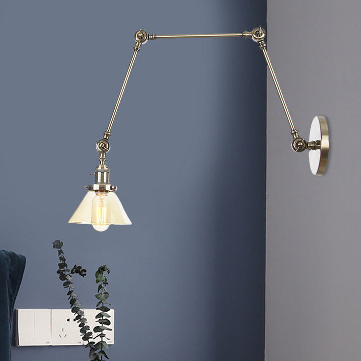 Lisslune | 1 Light Wall Lamp Industrial Cone Clear/Amber Glass Wall Lamp in Black/Bronze/Brass with Adjustable Arm, 8“+8"/8"+8"+8" Long