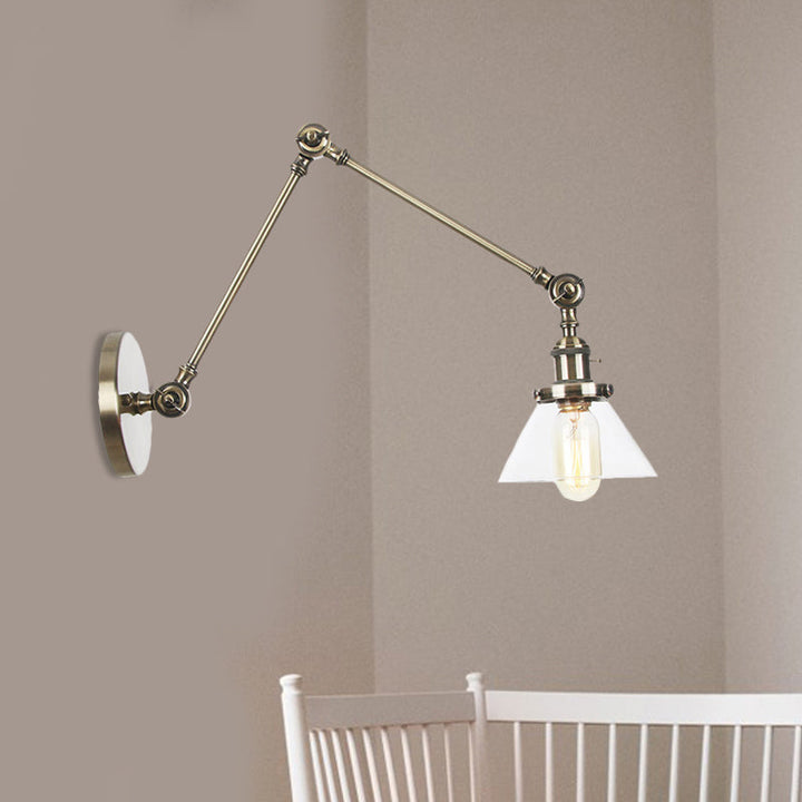 Lisslune | 1 Light Wall Lamp Industrial Cone Clear/Amber Glass Wall Lamp in Black/Bronze/Brass with Adjustable Arm, 8“+8"/8"+8"+8" Long