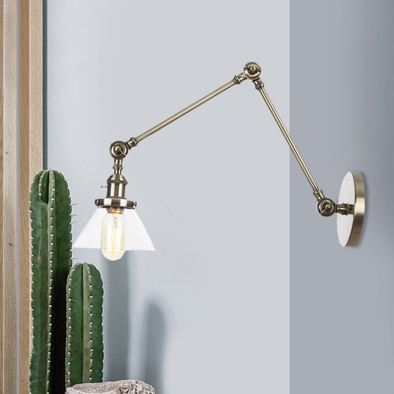 Lisslune | 1 Light Wall Lamp Industrial Cone Clear/Amber Glass Wall Lamp in Black/Bronze/Brass with Adjustable Arm, 8“+8"/8"+8"+8" Long