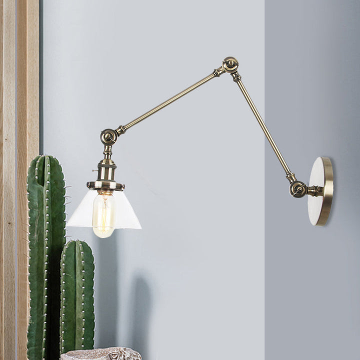 Lisslune | 1 Light Wall Lamp Industrial Cone Clear/Amber Glass Wall Lamp in Black/Bronze/Brass with Adjustable Arm, 8“+8"/8"+8"+8" Long