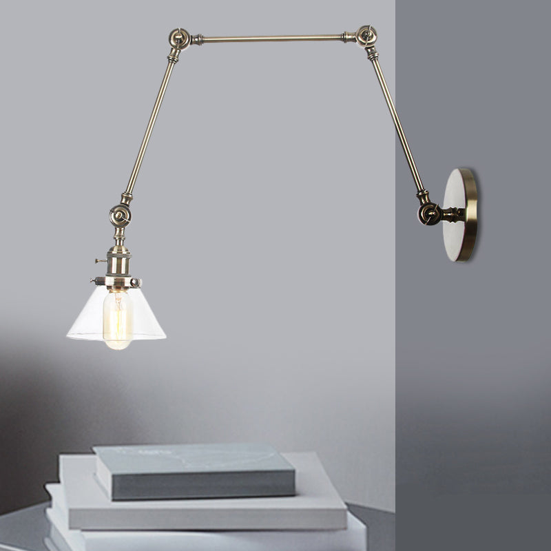Lisslune | 1 Light Wall Lamp Industrial Cone Clear/Amber Glass Wall Lamp in Black/Bronze/Brass with Adjustable Arm, 8“+8"/8"+8"+8" Long