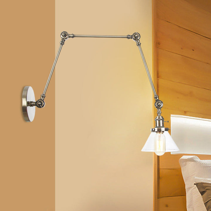 Lisslune | 1 Light Wall Lamp Industrial Cone Clear/Amber Glass Wall Lamp in Black/Bronze/Brass with Adjustable Arm, 8“+8"/8"+8"+8" Long