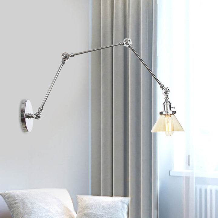 Lisslune | 1 Light Wall Lamp Industrial Cone Clear/Amber Glass Wall Lamp in Black/Bronze/Brass with Adjustable Arm, 8“+8"/8"+8"+8" Long