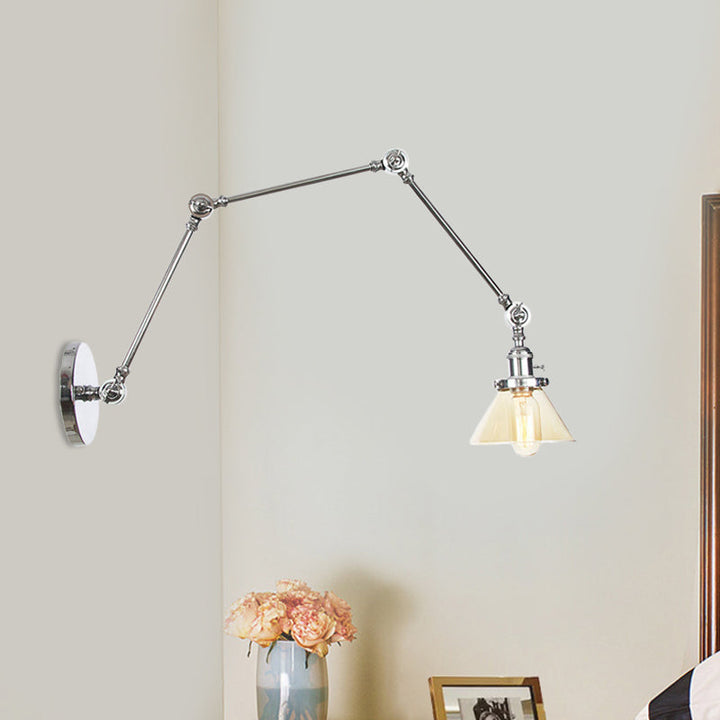 Lisslune | 1 Light Wall Lamp Industrial Cone Clear/Amber Glass Wall Lamp in Black/Bronze/Brass with Adjustable Arm, 8“+8"/8"+8"+8" Long
