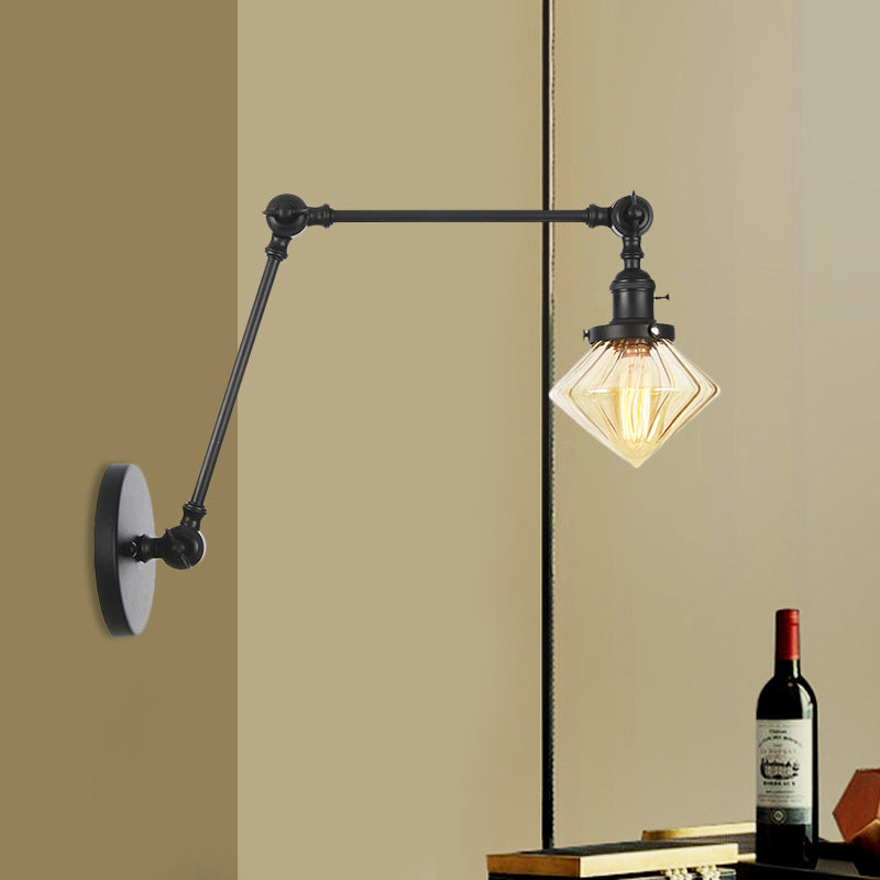 Lisslune | 1 Light Dining Room Wall Lamp Vintage Black/Bronze/Brass Wall Mounted Lamp with Diamond Clear/Amber Glass Shade, 8"+8"/8"+8"+8" L Adjustable Arm