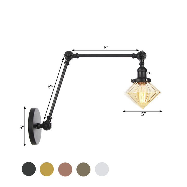 Lisslune | 1 Light Dining Room Wall Lamp Vintage Black/Bronze/Brass Wall Mounted Lamp with Diamond Clear/Amber Glass Shade, 8"+8"/8"+8"+8" L Adjustable Arm