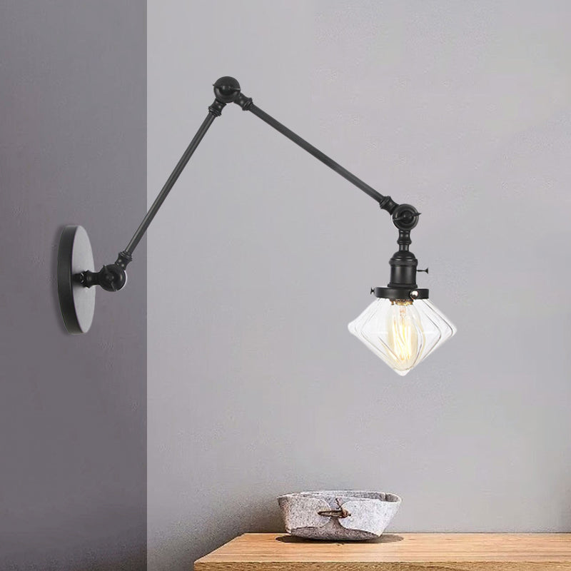 Lisslune | 1 Light Dining Room Wall Lamp Vintage Black/Bronze/Brass Wall Mounted Lamp with Diamond Clear/Amber Glass Shade, 8"+8"/8"+8"+8" L Adjustable Arm