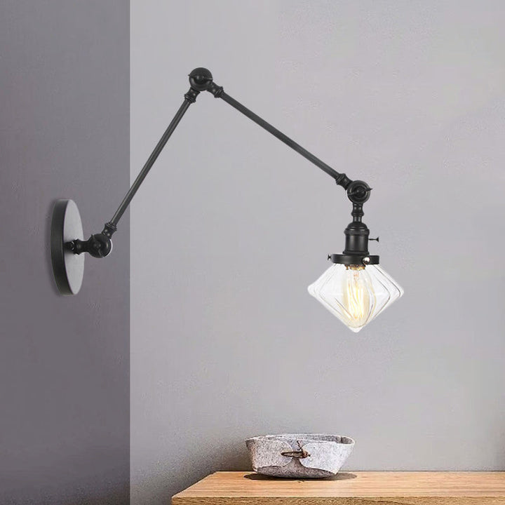 Lisslune | 1 Light Dining Room Wall Lamp Vintage Black/Bronze/Brass Wall Mounted Lamp with Diamond Clear/Amber Glass Shade, 8"+8"/8"+8"+8" L Adjustable Arm