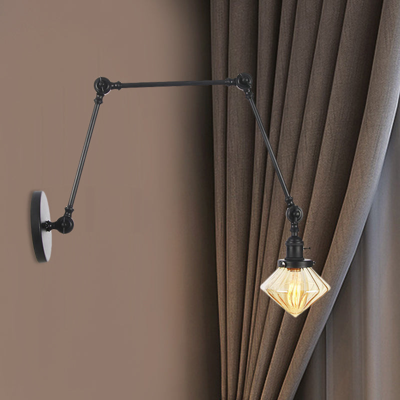 Lisslune | 1 Light Dining Room Wall Lamp Vintage Black/Bronze/Brass Wall Mounted Lamp with Diamond Clear/Amber Glass Shade, 8"+8"/8"+8"+8" L Adjustable Arm
