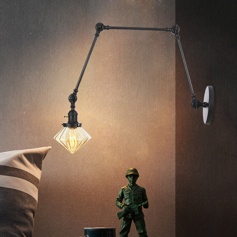 Lisslune | 1 Light Dining Room Wall Lamp Vintage Black/Bronze/Brass Wall Mounted Lamp with Diamond Clear/Amber Glass Shade, 8"+8"/8"+8"+8" L Adjustable Arm
