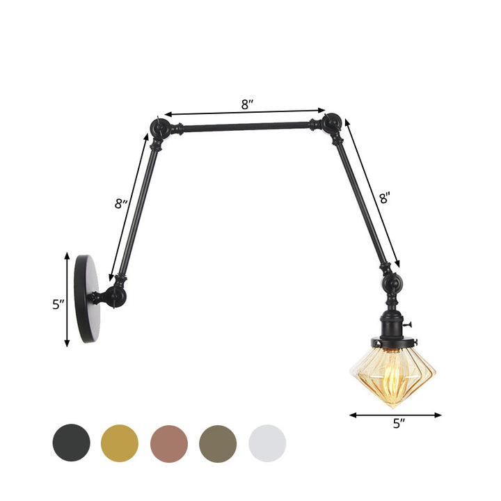Lisslune | 1 Light Dining Room Wall Lamp Vintage Black/Bronze/Brass Wall Mounted Lamp with Diamond Clear/Amber Glass Shade, 8"+8"/8"+8"+8" L Adjustable Arm